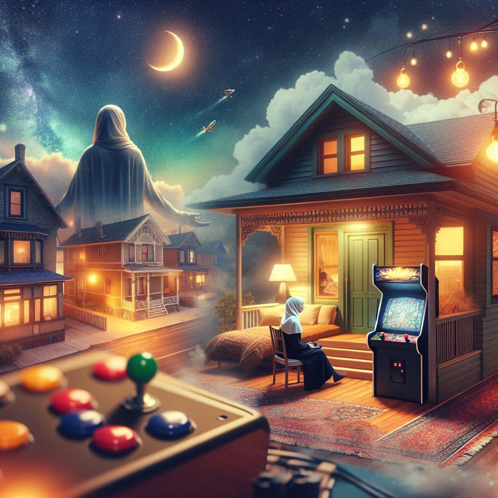 Surreal dream scene, cinematic and atmospheric, digital art: A peaceful scene of a person relaxing alone in a beautifully renovated bungalow-style attic filled with arcade machines and cozy decorations, reflecting comfort, independence, and contentment in a quiet residential neighborhood.