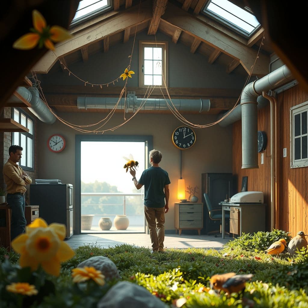 Surreal dream scene, cinematic and atmospheric, digital art: A gentle scene of a person guiding a small bee through a cozy two-story workplace with a warm, inviting underground area leading outside to a sunlit garden, amidst soft webs and caring coworkers watching nearby.