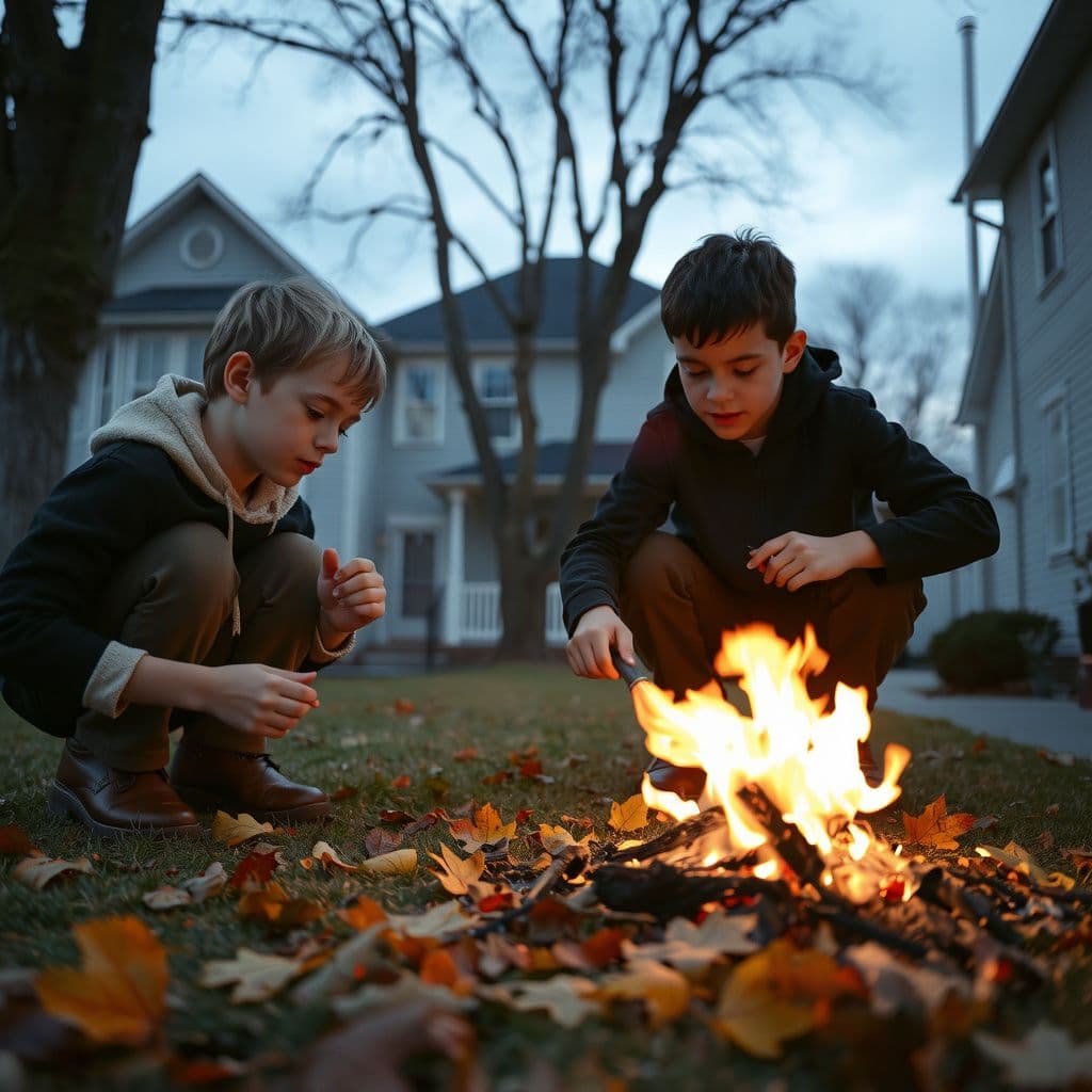 Surreal dream scene, cinematic and atmospheric, digital art: A young boy and a friend carefully setting small controlled fires to piles of autumn leaves in a quiet suburban front yard on a crisp fall day.
