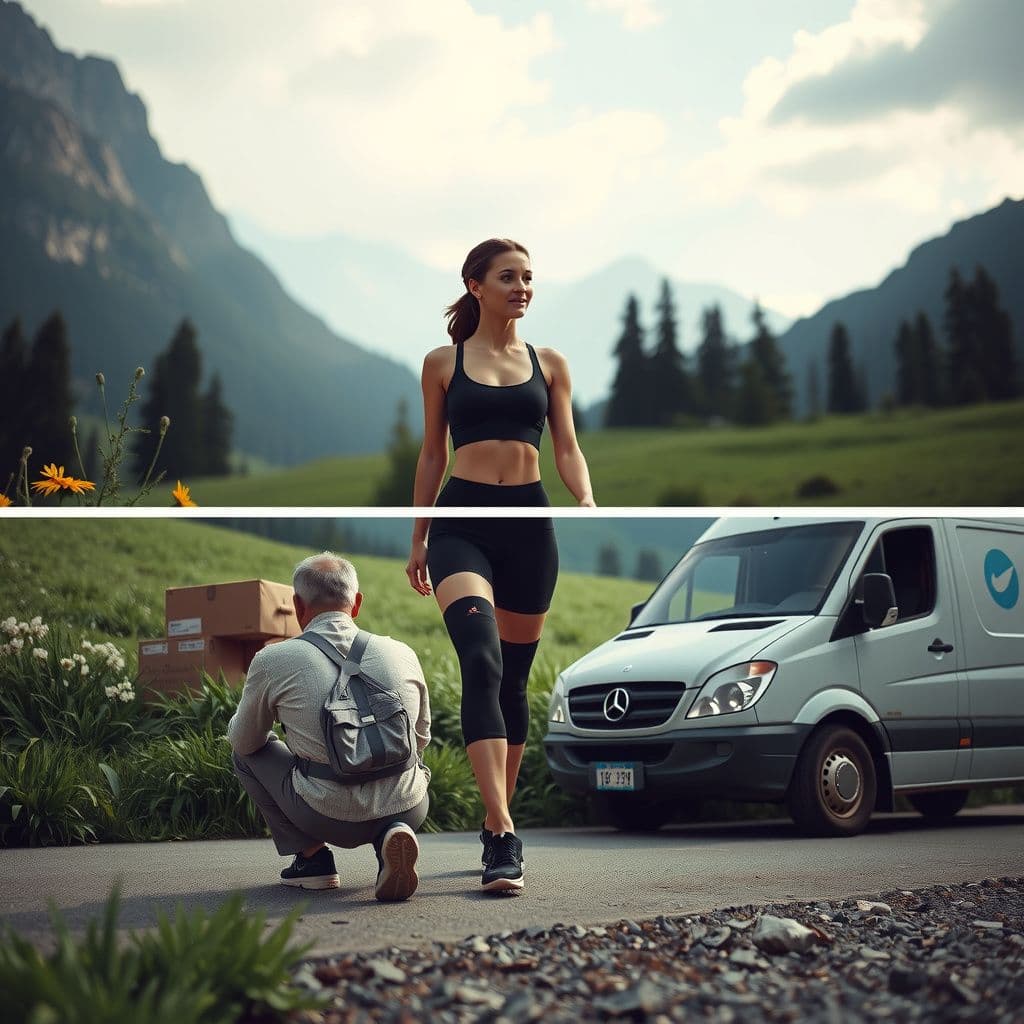 Surreal dream scene, cinematic and atmospheric, digital art: A young woman wearing black sporty running attire with unique thigh and chest straps walks thoughtfully through a lush green mountain meadow surrounded by forests, then later shares a warm, playful moment with a male coworker outside a delivery warehouse, both smiling as they stand near a delivery van with packages.