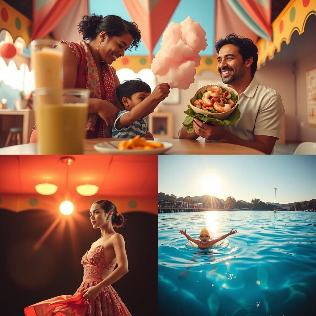 Surreal dream scene, cinematic and atmospheric, digital art: A heartfelt scene where a child and their mother joyfully make cotton candy together in a colorful fair setting, followed by a thoughtful moment of a kind man offering a healthy veggie rice wrap and shrimp to the child, then a graceful dancer with a radiant smile and perfect poise performing alone while a child watches wistfully, and finally a determined swimmer competing in a swimming race under bright sunlight with focused expressions.