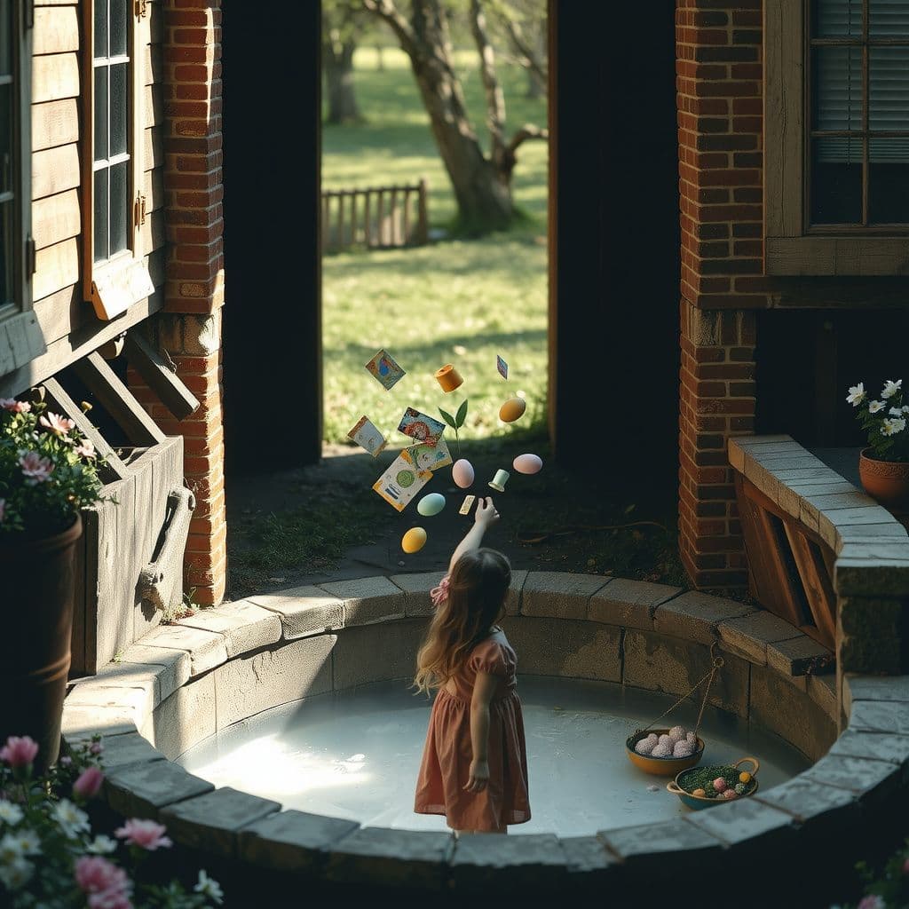 Surreal dream scene, cinematic and atmospheric, digital art: A peaceful, whimsical scene of a person carefully tossing colorful Spring Equinox and Easter items down a mysterious, vertical well near rustic barns, surrounded by soft sunlight and blooming flowers, evoking a sense of safeguarding treasured memories.