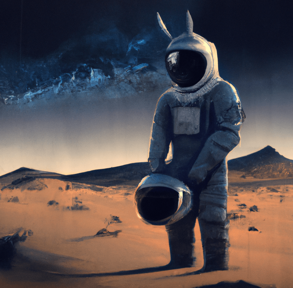 Lucid dream Donnie Darko wearing a space suit in the desert, digital art